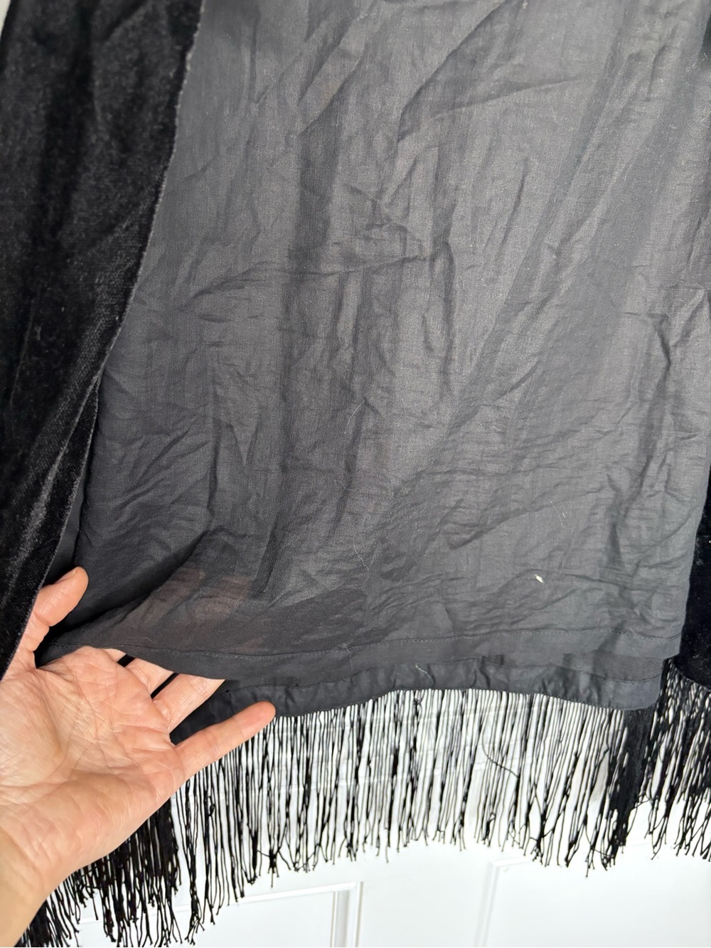 Black Velvet Embroidered Fringe Open-Front Robe - Picture 9 of 16